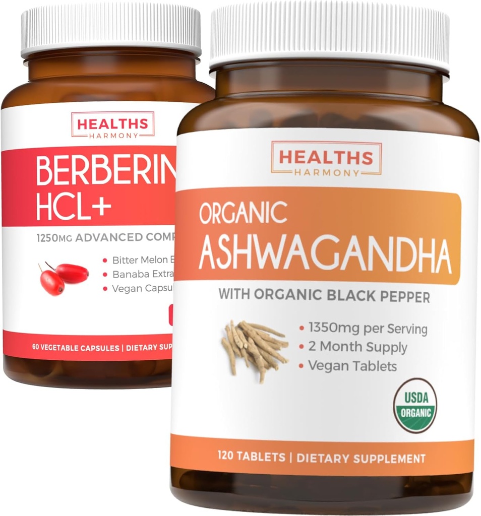 Economize $4 (11% Off) - Comprar Organic Ashwagandha & Berberine HCL+ - Synergy Duo - Berberine (60 cápsulas) - Organic Ashwagandha Root Powder 1350mg Servir (120 comprimidos) Ajuda Adrenal Natural