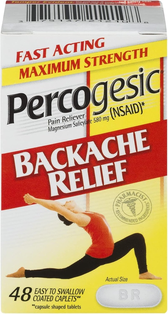 Reliever Percogesic Backache Relief Pain Reliever, Máxima Força, 48 Comprimidos (2 Embalagem)
