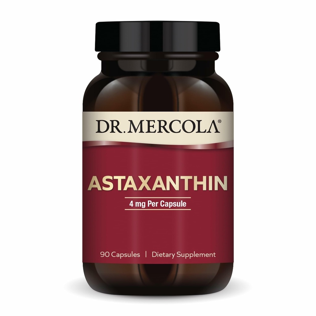 Dr. Mercola Astaxantina Orgânica - 4 mg Astaxantina - Apoio Poderoso Antioxidante - Extrato Orgânico de Microalgas - Não-GMO, Sem Glúten e Sem Soja - 90 Cápsulas (90 Servões)