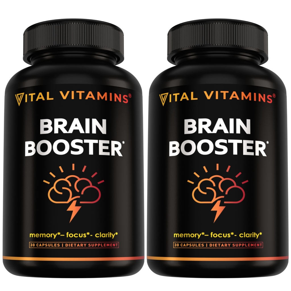 Vitaminas Vitaminas Vitais Suplementos Cérebro para Memória e Foco (2-Pack)– Nootrópico Brain Booster com Ginkgo Biloba, Rhodiola, B12 – Suporte gratuito de cafeína para adultos e idosos – Fornecimento de 60 dias