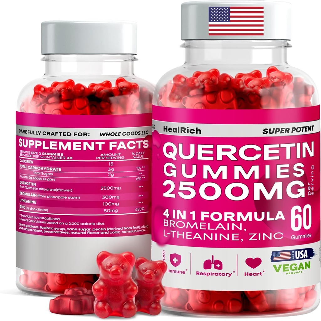 Quercetin Gummies - 2500MG com Bromelain, L-Theanina - gomas de apoio imunológico Alergia alívio & saúde pulmonar para crianças e adultos