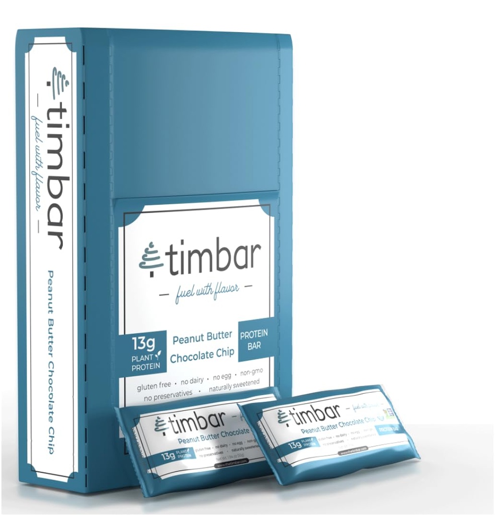 Timbar Protein Bars 12 Pack (Barras Baseadas em Plantas) Energy & Nut Bars with 13g Protein (Gluten Free), Non-GMO, Dairy Free, Healthy On-the-Go Snack & Meal Replacement (12 Packs, Peanut Butter)