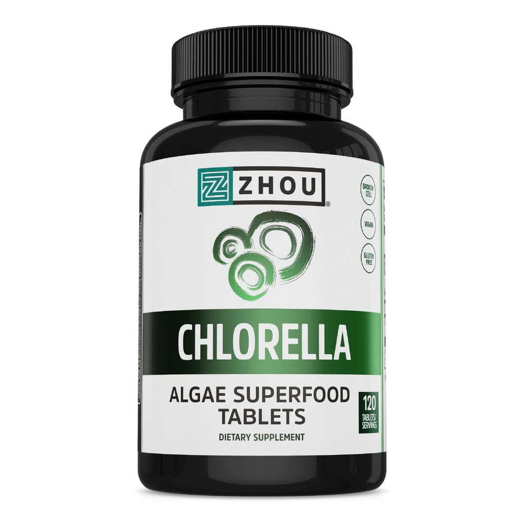 Zhou Chlorela Comprimidos - Suplemento de chlorela, Vitaminas clorofílicas, Puro Verde Algas Superalimento, Pílulas nutrientes ricos Super Alimentos, Parede celular quebrada - 120 Tablets Vegan