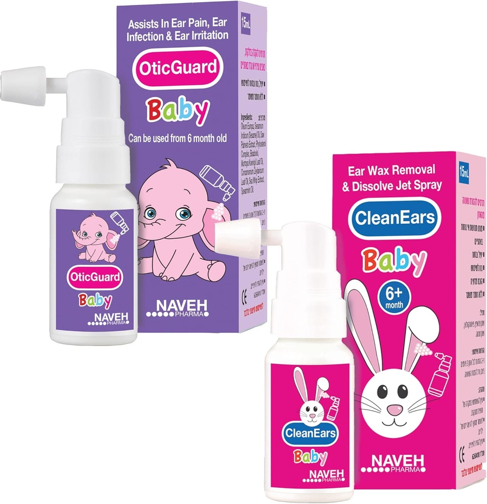 1 Unidade Naveh Pharma CleanEars Baby Earwax Removal Spray 1 Fl Oz + 1 Unidade de NAVEH PHARMA Otic Guard Baby Ear Infection Spray 0,5 Fl Oz