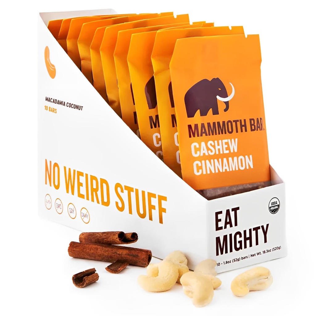 Caju Bar Canela- Orgânico, Paleo, Glúten Livre e Raw por Mammoth Bar, 10-12g Protein, 1.8 Oz. Bar (10 Bares) ...