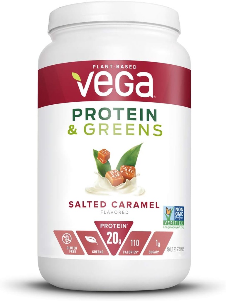 Vega Protein and Greens, Salted Caramel, Vegan Protein Powder, 20g Proteína baseada em plantas, Baixo carboidrato, Keto, Dairy Free, Gluten Free, Non GMO, Pea Protein for Women and Men, 1.7 Libras (25 Servings)