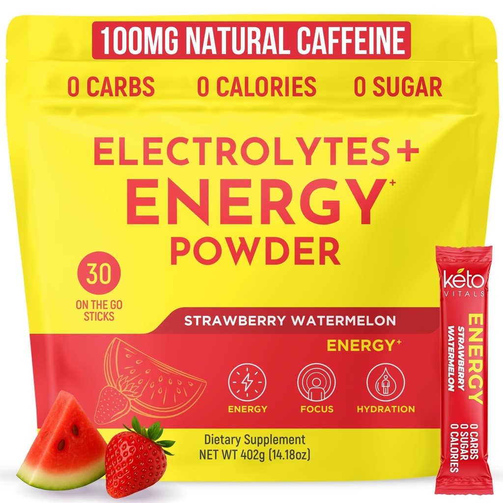 Keto Vitals Electrolyte Energy Drink Powder Packets - Suplemento de Eletrolito para Energia e Reidratação - Melancia de Morango Keto Powder Packets, 30 Contagem
