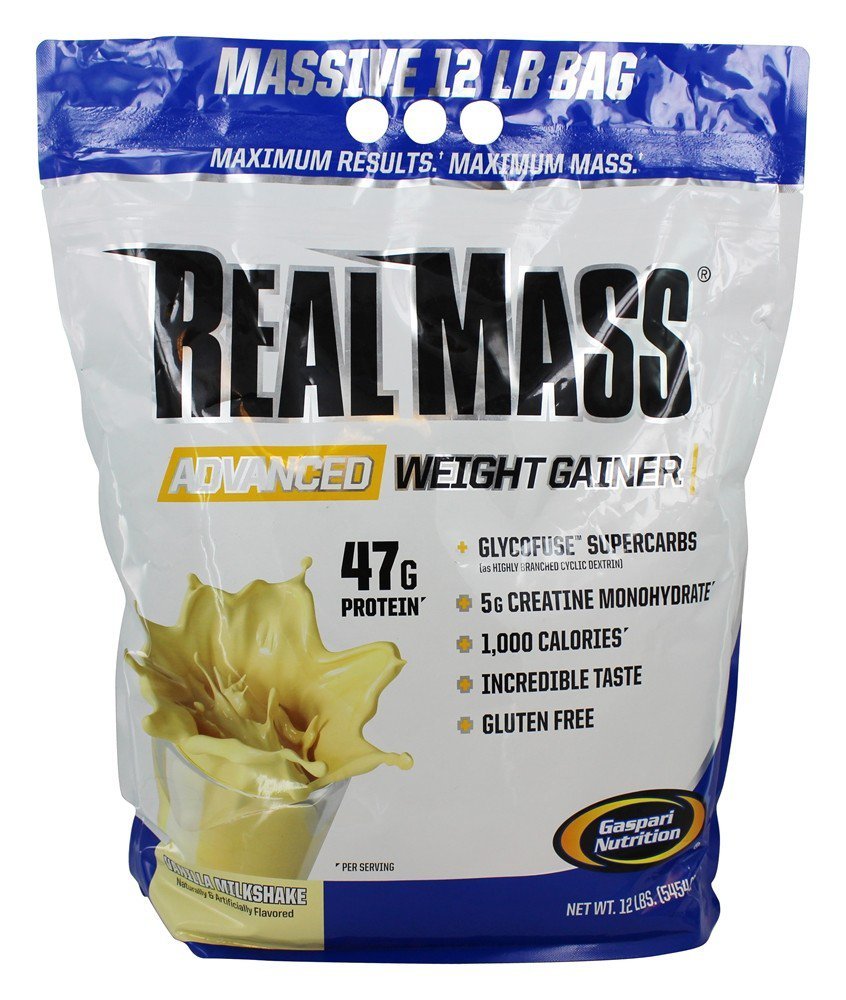 Massa real da nutrição de Gaspari: ganho de peso avançado, proteína e mistura complexa de carboidratos, 50g de proteína, 16g EAAs, sem glúten, 12 lbs (Vanilla Milkshake)