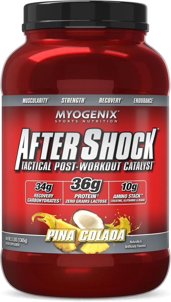 Myogenix Aftershock pós treino — Crescimento muscular Whey Protein Powder — Acelera o crescimento e recuperação muscular — Apoia a saúde conjunta e recupera Glycogen — Pina Colada, 3 lbs