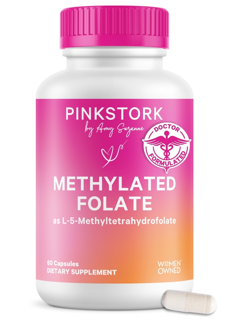 Folato de cegonha rosa: Folato de metilo - ácido MTHFR, forma natural de ácido fólico para a gravidez, formulado para a mãe + bebê, feminino, 60 cápsulas (embalando maio Vary)