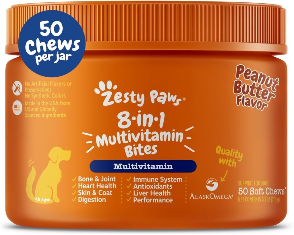 Patas Zesty Dog Multivitamin, Vitaminas mastigáveis do cão e Suplementos para Hip & Joints, Pele & Revestimento, Ómega 3 óleo de peixe para cães- Senior & Puppy Multivitamin- Manteiga de amendoim- 50ct