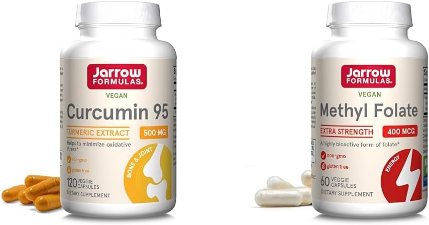Fórmulas Jarrow Curcumina 95 500mg e folato de metilo 400mcg Antioxidante e Apoio à Saúde Cardiovascular Suplemento Alimentar Bundle, 120 e 60 Cápsulas Veggie