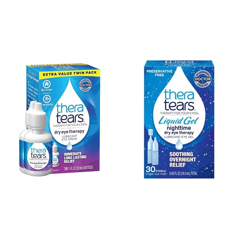 TheraTears Dry Eye Therapy Lubricating Eye Drops for Dry Eye Eye, 1 fl oz Garrafa Pacote Twin, (2 x 30mL Garrafas) & Liquid Gel Nighttime Lubricating Eye Dry Eye Dry Eyes, Single-Use Vials, 30 Count
