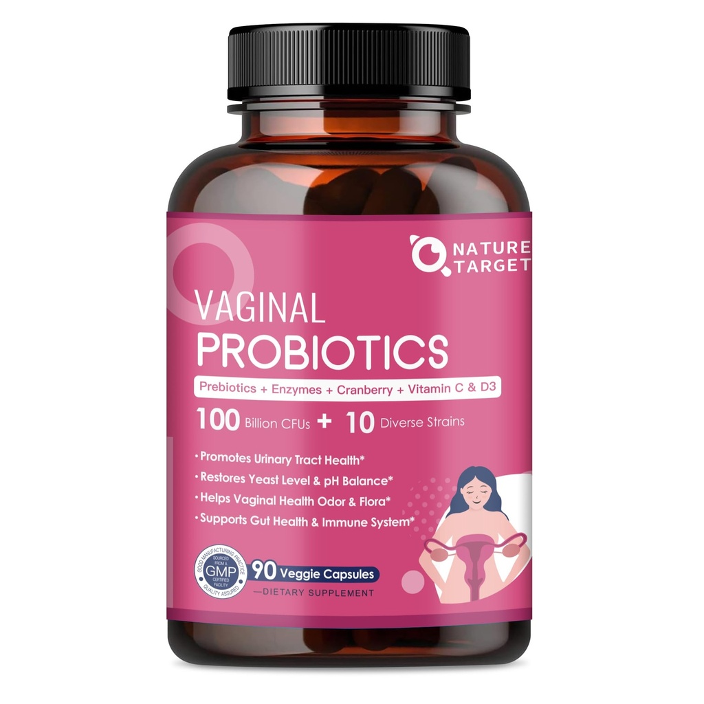 NATUREZA TARGET Mulheres vaginais Probióticos, 100 bilhões de UFC Probióticos & Prebióticos com Enzimas Digestivas, Cranberry & D-Mannose - Suporta equilíbrio de pH, Odor & Urinary Tract Saúde - 90 Cápsulas