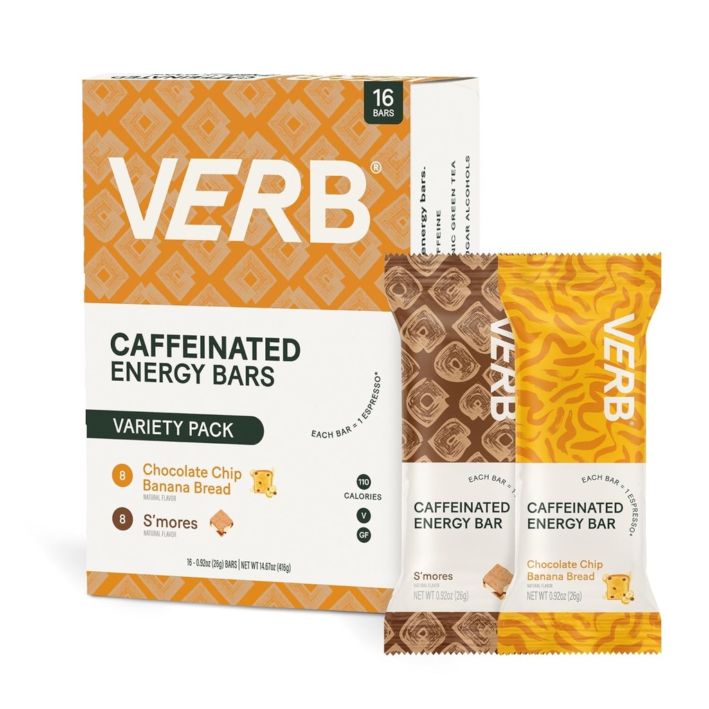 Verb Caffeinated Energy Bares Variety Pack - 2 Delicious Flavors (26g, Pack of 16) 110-Calorie Delicious Low Sugar Energy Bar, Vegan & Gluten Free No-the Go Lanchonete com 80mg Chá Verde Cafeína