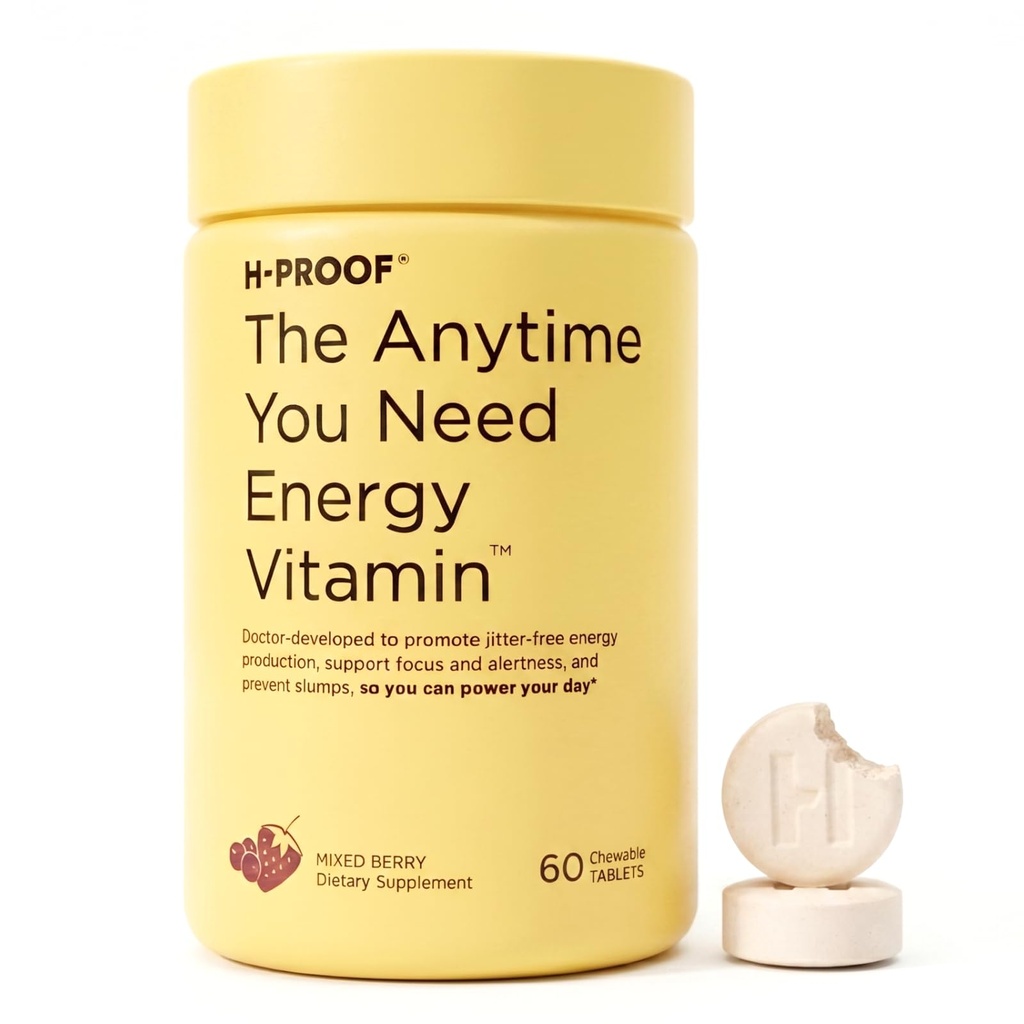 H-PROOF A qualquer hora que você precisa de vitamina energética para energia mantida, foco e alerta com cafeína Jitter-Free, 60 suplementos de energia mastigável (30 Servões), Berry misto