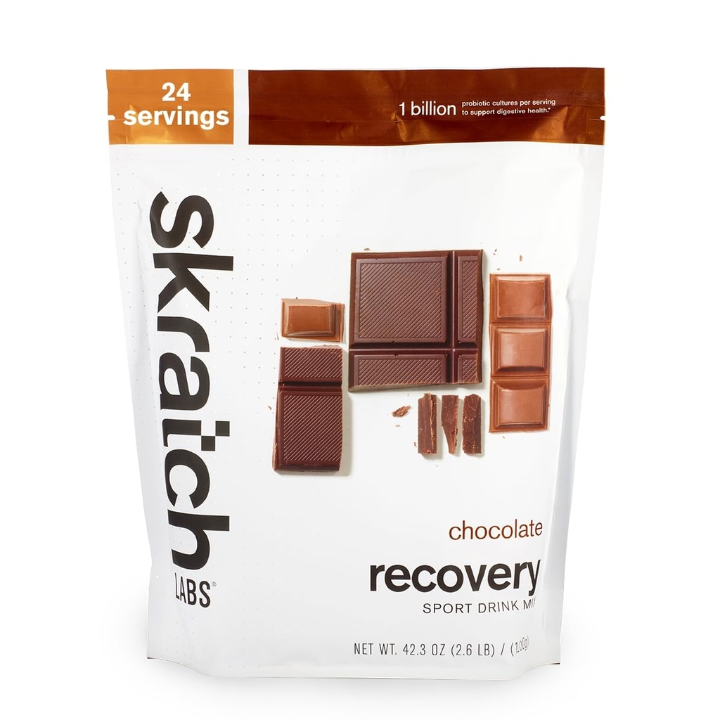 Skratch Labs Pós-treino Recuperação Drink Mix com Chocolate, (41.6 oz, 24 Servões) com proteína completa do leite de caseína e soro de leite e probióticos, sem glúten, Kosher, Natural, Vegetariano