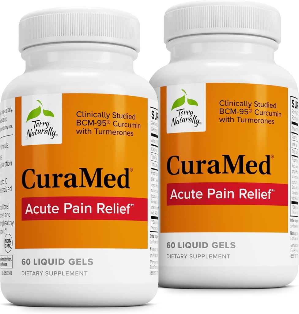 Terry Naturalmente CuraMed Acute Pain Alief - Suplemento com BCM-95 Curcumin & BOS-10 Boswellia - Óleo de semente de gergelim preto para apoiar o alívio do desconforto ocasional - 60 Gels líquidos (Pack of 2)