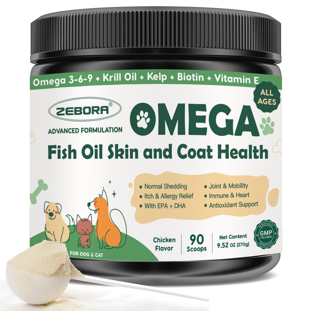 ZEBORA Omega 3 óleo de peixe para cães, Wild Caught Dog Fish Oil, EPA & DHA, Krill Oil, Kelp, Pele e casaco Suplemento, Anti coceira e derramamento, apoiar pele seca, saúde conjunta, alívio de alergia do cão