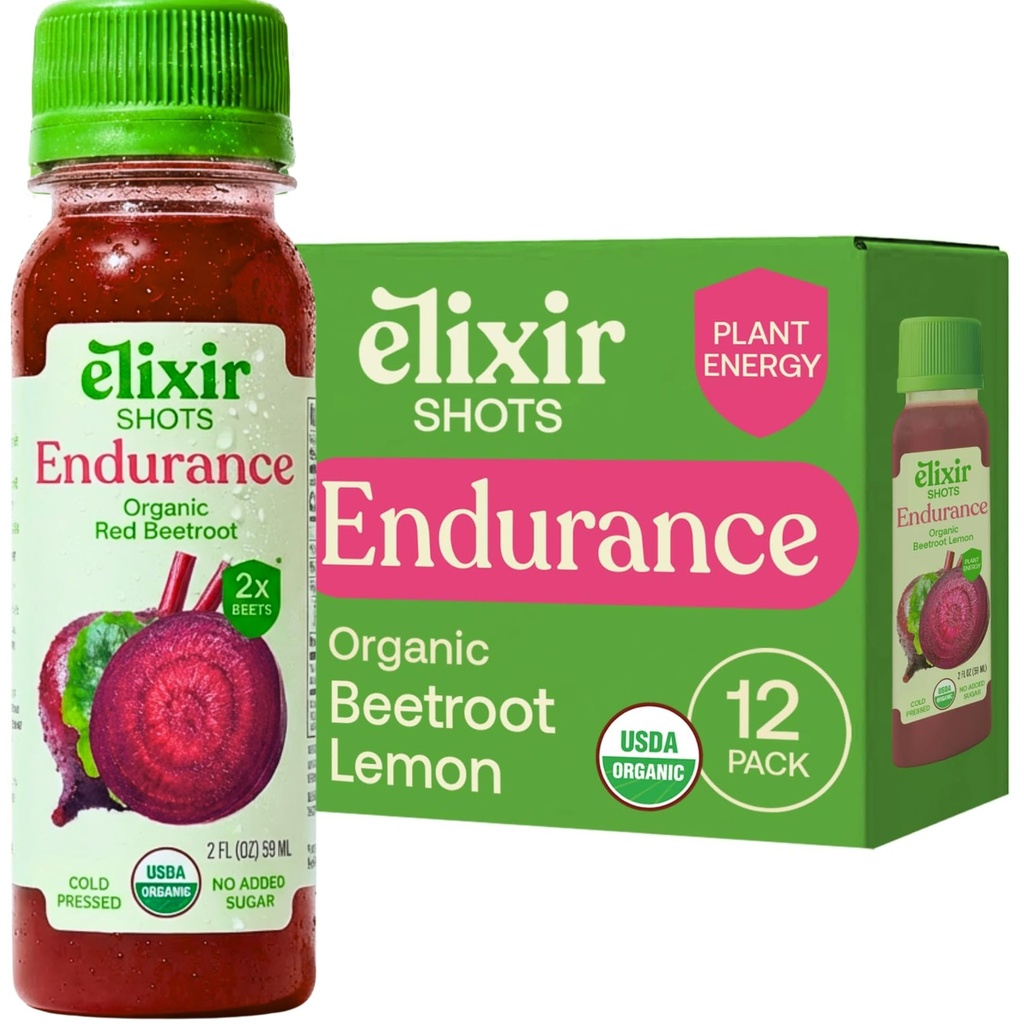 Tiros Elixir, Endurance & Wellness Shot com Ingredientes 100% orgânicos prensados a frio, Beterraba, Cenoura, Aipo, Limão, Sem açúcar adicionado ou Ingredientes Artificiais, 12 Pack