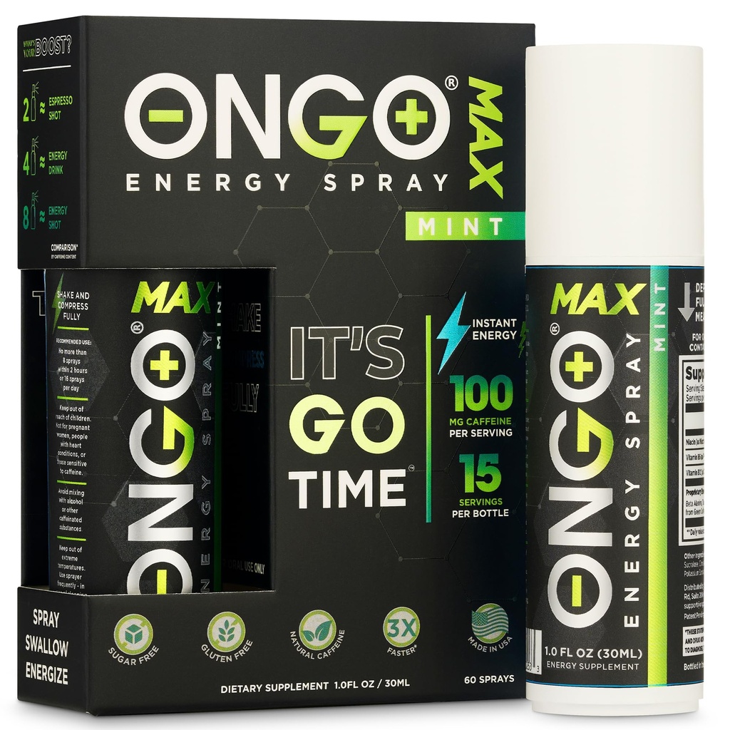 OnGo Energy - Natural cafeína (1500mg) Instant Energy Oral Spray - Vegan, Açúcar e Glúten grátis , B3, B6, B12 spray de vitamina , Foco e Memória , Estudo, Trabalho e muito mais , sabor de hortelã , 15 porções