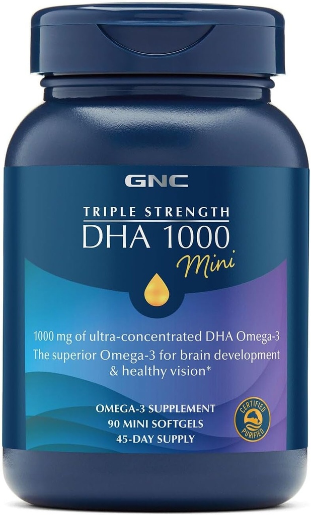 GNC força tripla DHA 1000 Mini Omega 3 Suplemento, 1000mg, ultra concentrado, alta potência, suporta o desenvolvimento do cérebro e visão saudável, arroto, 90 Mini Softgels, 45 SVG, 45 dia fornecimento