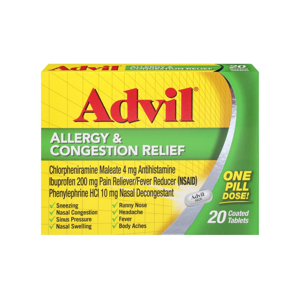 Comprimidos de Alergia Advil e Relívio de Congestão, Relíveres de Dor, Redução de Febre e Alívio de Alergia com Ibuprofeno, HCl de fenilefrina e Maleato de Clorfeniramina 4 mg - 20 Comprimidos Revestidos