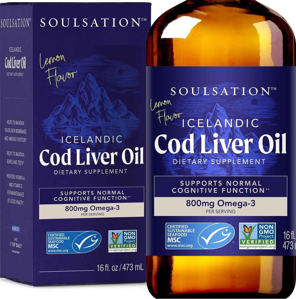 Líquido de óleo de fígado de bacalhau islandês, limão (16 onças) - Vitaminas A & D, EPA & DHA - Ajuda a visão, membranas de pele e função imunitária - MSC Certified, Non-GMO