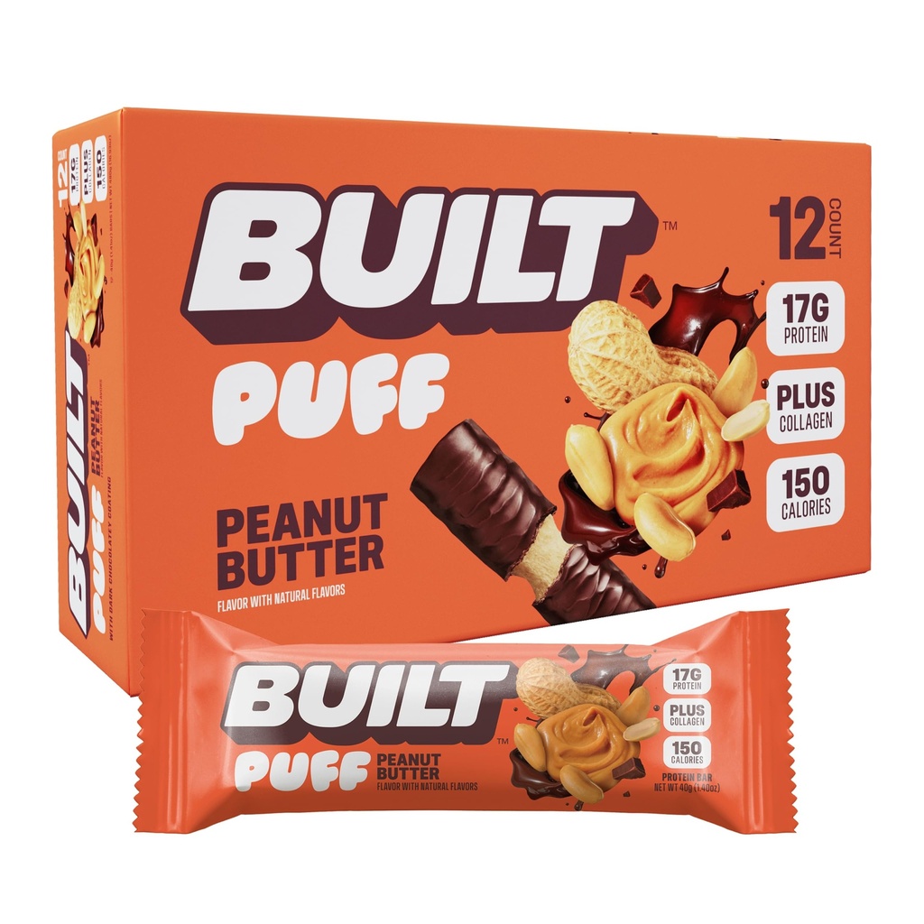 Barras de proteína Puff, Puff Bars, Puff manteiga de amendoim, 17g Snacks proteína, Bares on-the-go, Apenas 150 calorias, 6g açúcar, Colágeno, Glúten livre, 12 contagem