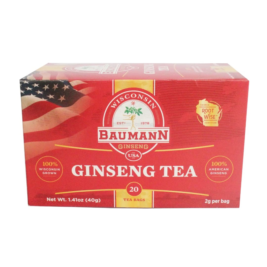 Baumann Premium American Ginseng Sacos de chá (20 sacos de chá) - Panax Wisconsin autêntico crescido Panax Ginseng Chá de ervas - chá verde saudável com antioxidante Ginsenosides para melhor foco & energia
