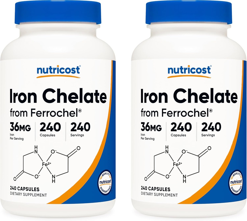 Ferro Quelatado de Nutricost, Como Ferrochel, 36mg, 240 Cápsulas (2 frascos)