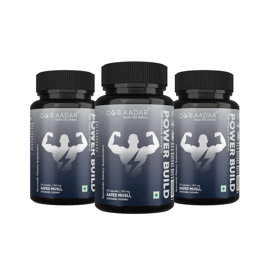 AADAR Power Build .Ayurvedic Real Muscle Mass Gainer . Melhora o desempenho e aumentar o metabolismo . (Safed Musli, Gokhru, Shatavari) 30 Cápsulas (Pack 3)