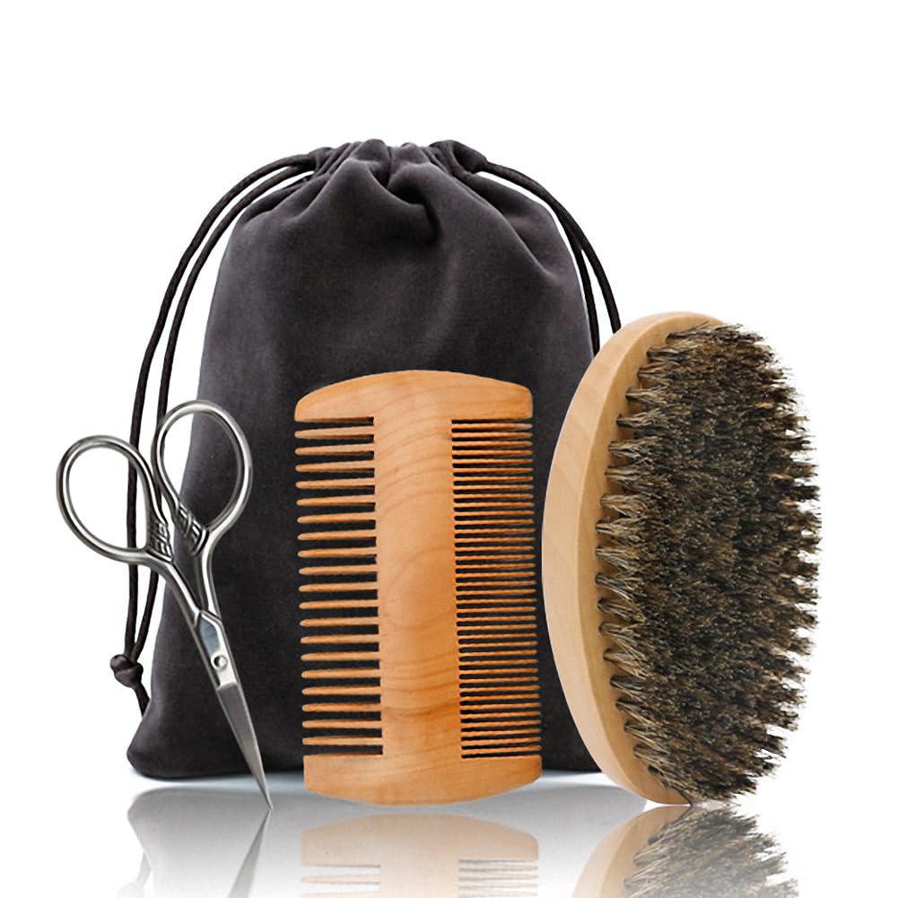 Escova de barba de cabelo e pente, conjunto de tesouras para homens, conjunto inclui escova de sarja macia, pente de dentes largos de bambu, e tesouras de aparar bigode, endireitar e suavizar seu barba