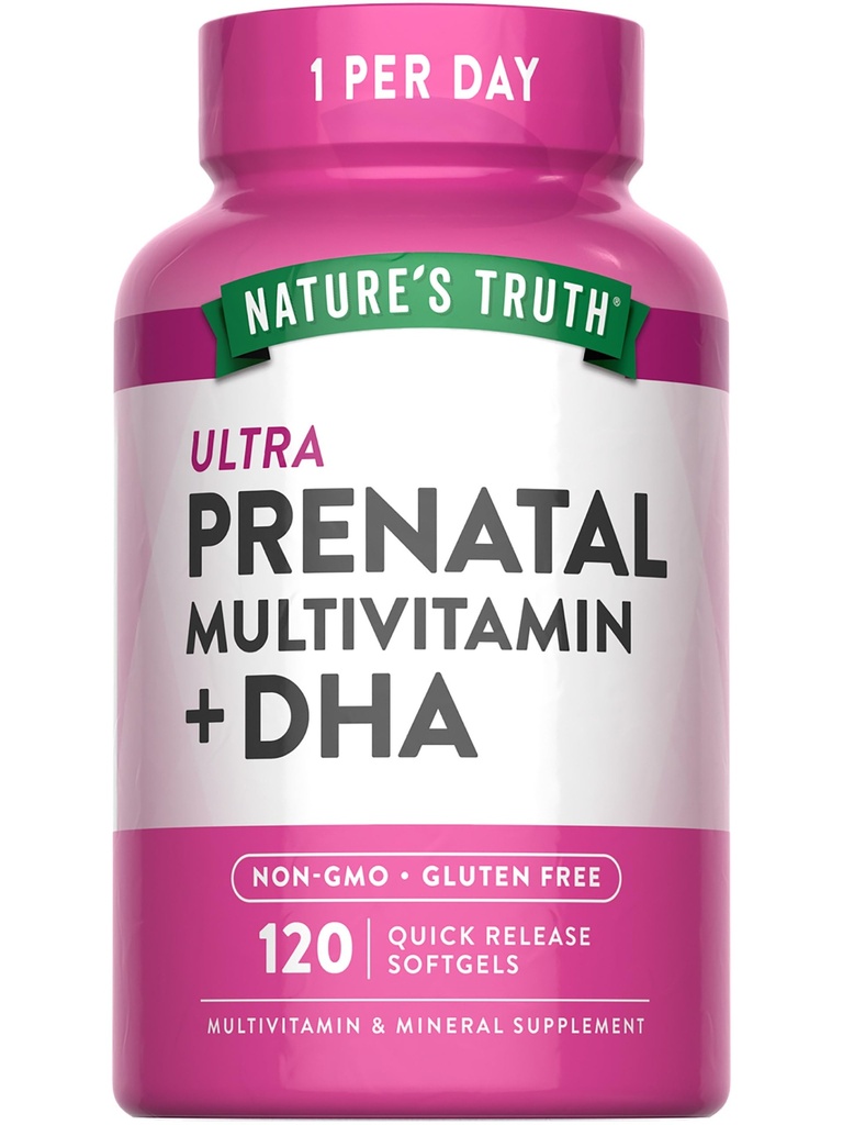 Vitamina pré-natal da verdade da natureza para as mulheres, 120 softgels não-GMO e glúten suplemento multivitamínico gratuito com DHA e ácido fólico