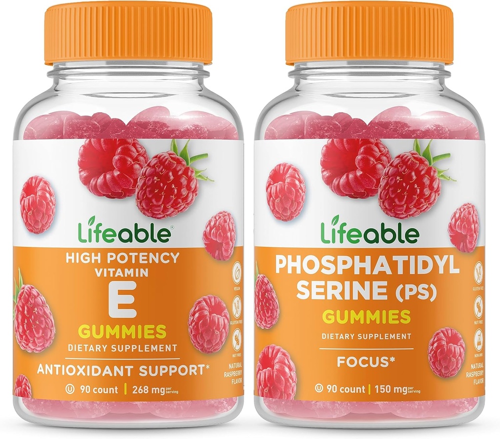 Vitamina E viva + Fosfatidilserina (PS), Gummies Bundle - Grande degustação, Suplemento Vitamina, Sem glúten, GMO livre, Gummy mastigável