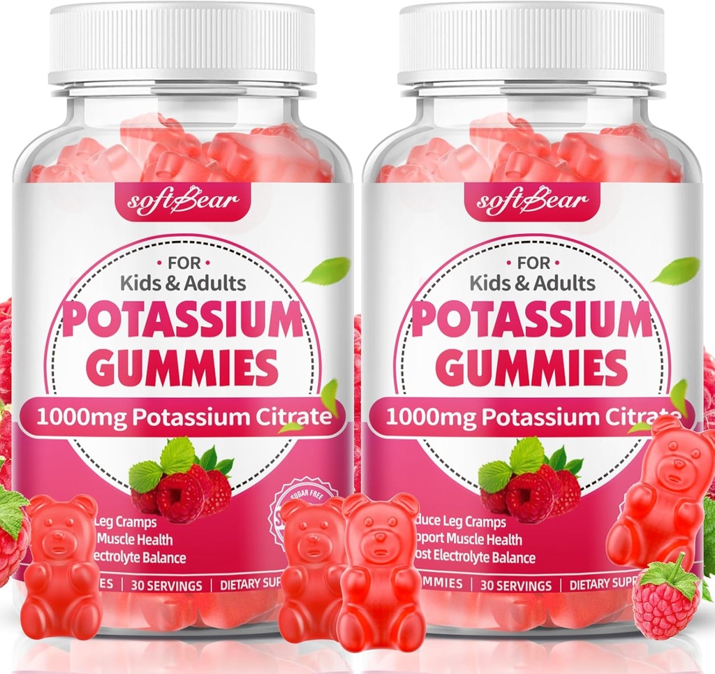 softbear Citrato de potássio 1000mg Gummies – pastilhas de potássio de alta absorção para suporte muscular e equilíbrio eletrolítico – Suplemento de potássio para mulheres e adultos, Vegan, Framboesa sabor (120 Conde)