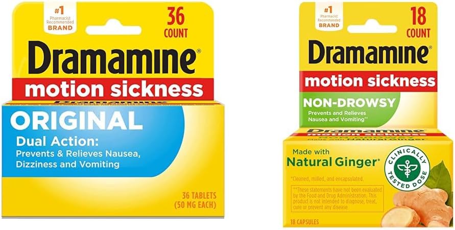 Dramamine Original, Alívio de Doença de Movimento, 36 Contagem e Não-Drowsy, Alívio de Doença de Movimento, Feito com Ginger Natural, 18 Contagem