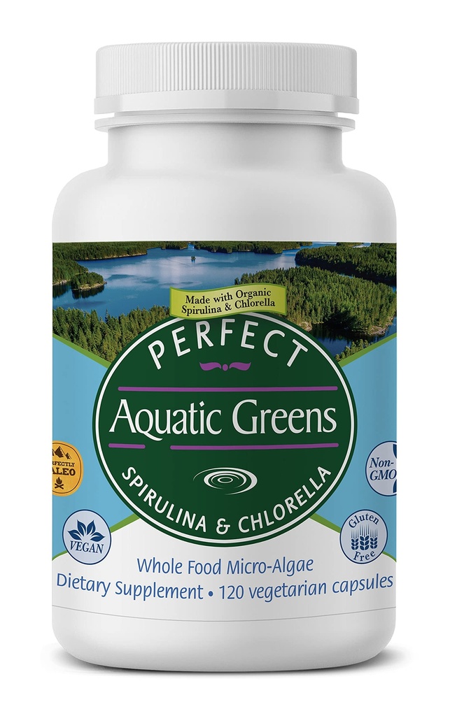 Suplementos Perfeitos – Verdes Aquáticos Perfeitos – 120 Cápsulas Vegetais – Espirulina Orgânica e Suplemento de chlorela – Superalimento nutritivo