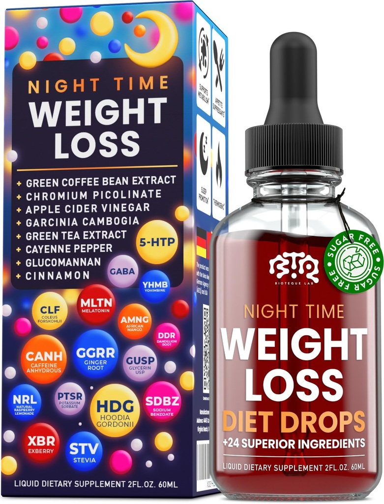 Hora noturna Perda de peso Diet Drops - Controle de apetite, Queimador de gordura, Metabolismo Booster - Apple Cider Vinagre - Canela - Cayenne Pepper