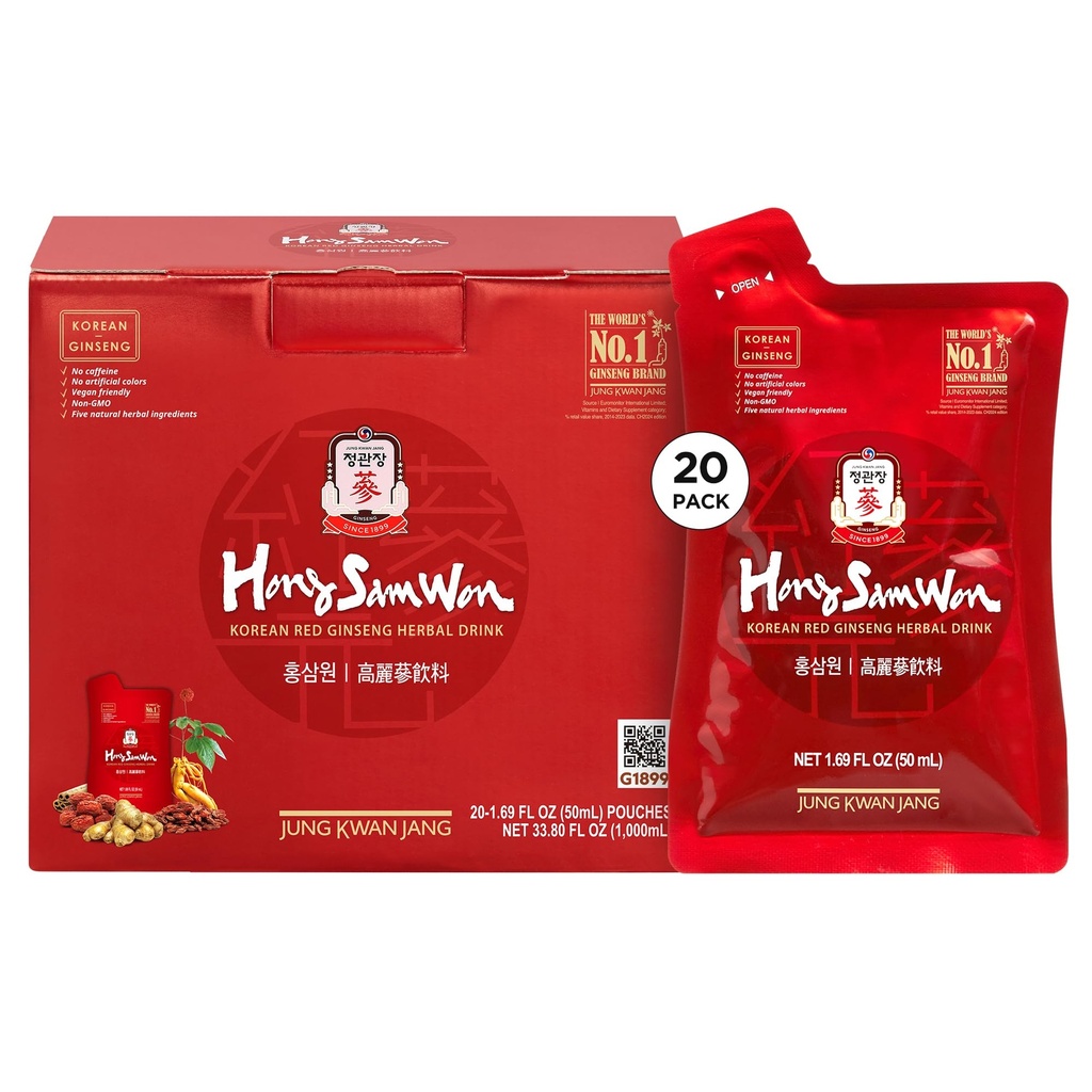 JUNG KWAN JANG Hong Sam ganhou bebida de Ginseng vermelho coreano, bebida energética, pré-treino, chá de ervas, suplemento de Ginseng, Jujube, Ginger, Cinnamon, Goji Berry, Vegan Friendly (20 Conde)