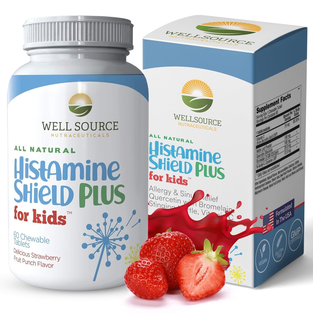 Suplemento Natural Anti-histamínico, Medicina de Alergia Infantil, Sinus & Alergias Alívio para Pólen, Pet Dander, Pó, Molde e Odors, 60 Tablets Mastigáveis de Soco de Fruta de Morango
