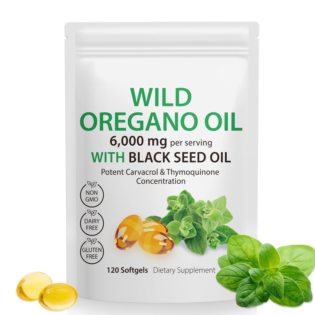 Óleo de Orégano Softgels,Oregano Oil Cápsulas Orgânicas,2-em-1 6000mg Óleo de Orégano com óleo de semente preta 200mg,Óleo de Oregano com óleo de semente preta Softgels,120 Cápsulas Softgel