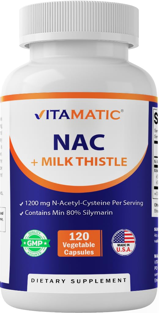 Suplemento NAC vitamático N-Acetil-L-Cisteína (NAC) com Cardo de Leite 50:1 Extrato - Suporta Imune, Respiratório, Saúde do Fígado, 1200 mg por Serviço, 120 Cápsulas Veg