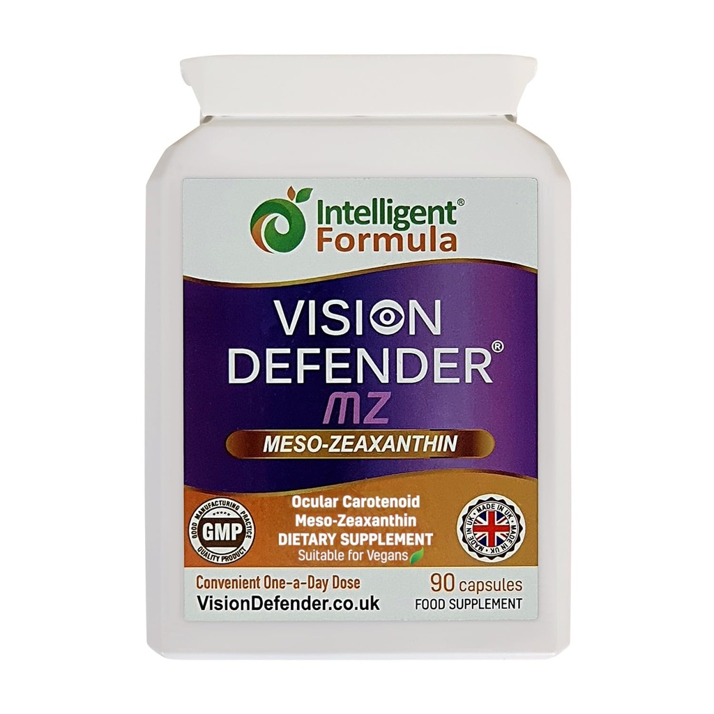 Visão Defender Meso Zeaxanthin Vegan Eye Supplement MZ- Proteger e melhorar a saúde ocular e cuidados olhos, alta força antioxidante carotenóide Meso-Zeaxanthin para olhos (90 Cápsulas / Um Diário) Made in UK