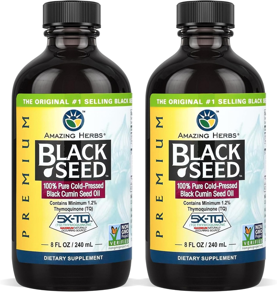 Amazing Herbs Premium Black Seed Oil - Gluten Free, Non GMO, Frio Pressed Nigella Sativa Aids em Saúde Digestiva, Suporte Imune, Função Cérebro - 8 Fl Oz (Pacote de 2)