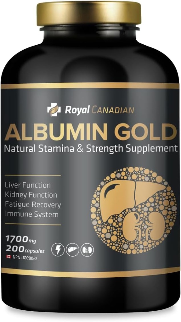 ROYAL CANADIAN Albumina Ouro 1700mg □ Função Fígado Função Rim □ Recuperação de Fadiga Sistema Imune (200 x 1700mg Cápsulas)