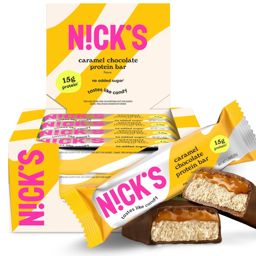 Barras de proteína de chocolate de Nick Caramel – Caixa de 12 Counts – Alta proteína, baixas calorias, Baixo carboidratos, Keto amigável, Sem açúcar adicionado
