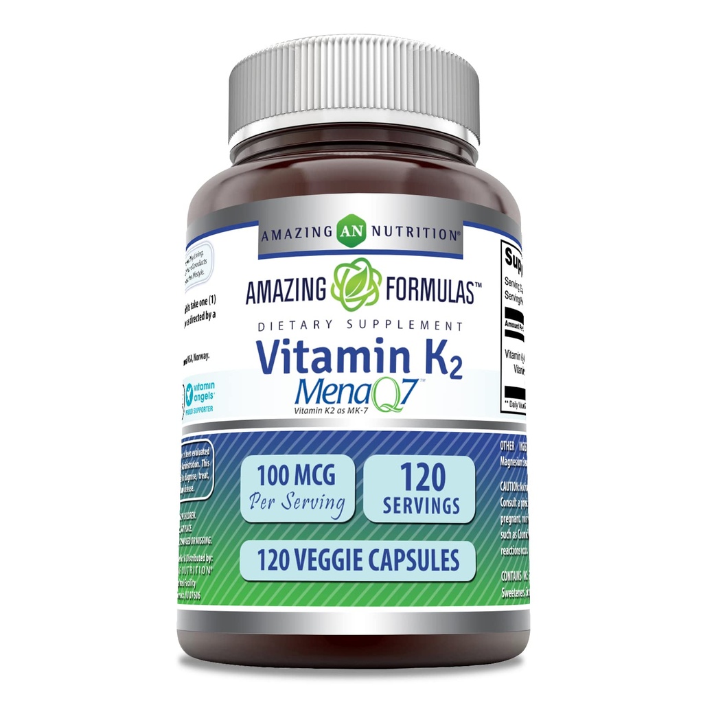 Fórmulas surpreendentes Vitamina K2 Menaq7 Suplemento MK7 (100 Mcg) Cápsulas vegetativas (Sem OGM) Glúten (Sem glúten)