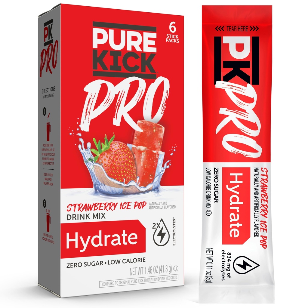 PURE KICK PRO Hydration Electrolyte Drink Mix, Strawberry Ice Pop, inclui 1 caixa com 6 pacotes em cada caixa