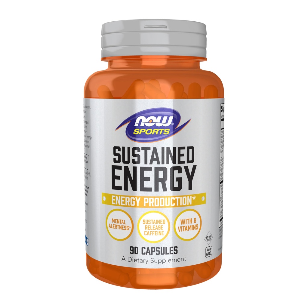 NOW Foods Sports, Sustained Energy Energy Production* Mental Alertness* Mantained Release Cafeína com B Vitaminas 90 Veg Cápsulas